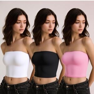 Women's Strapless Crop Tops - White, Black, Pink